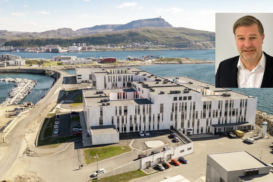 Bilde av Hammerfest sykehus med Eystein Hauge innfelt.