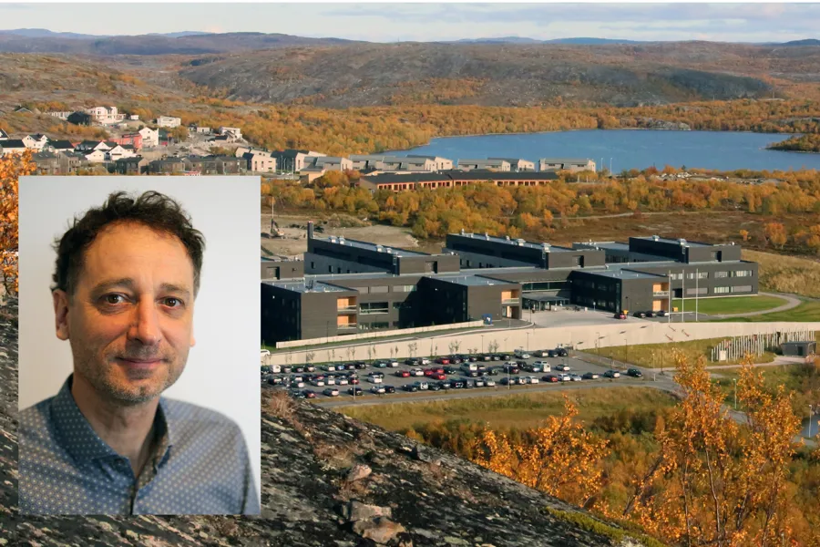 Montasje med portrett av Michael Strehle og Kirkenes sykehus i bakgrunnen.