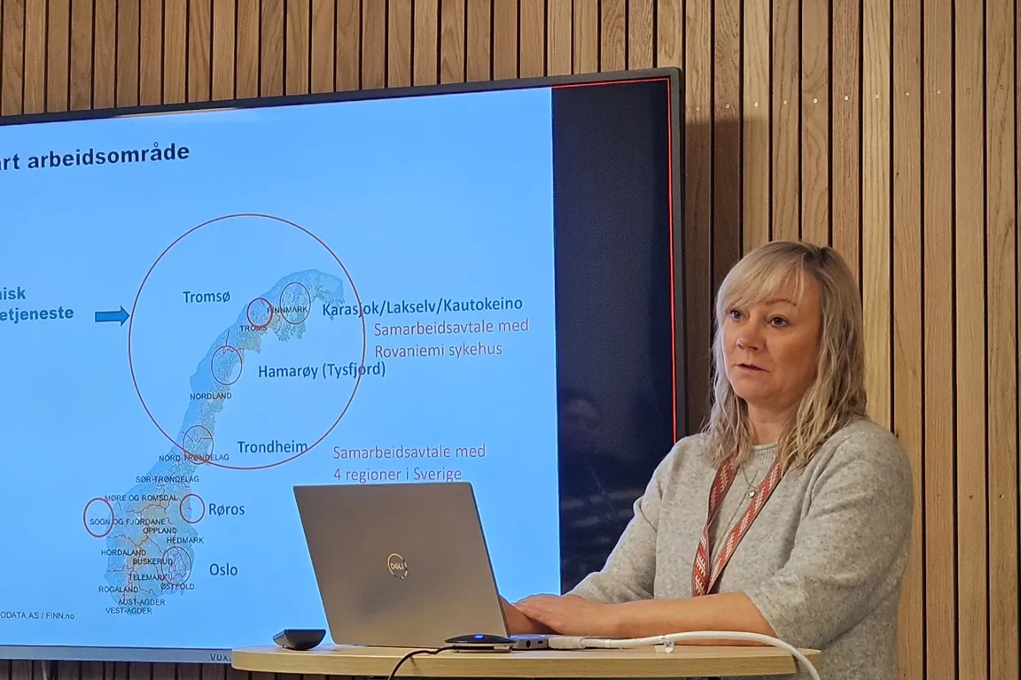 En person som sitter ved et skrivebord med en bærbar datamaskin foran en projektorskjerm
