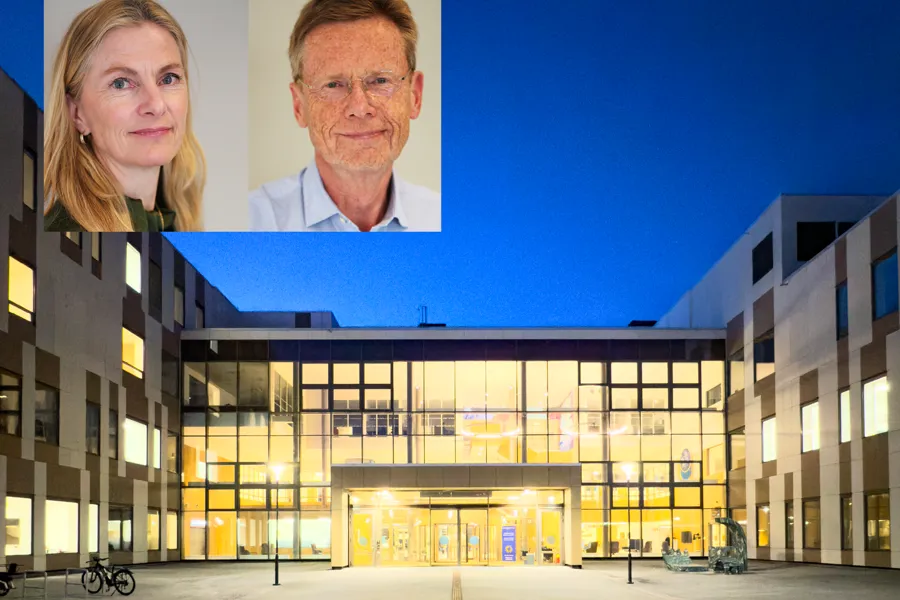 Bilde av forfatterne innfelt i bilde av nye Hammerfest sykehus